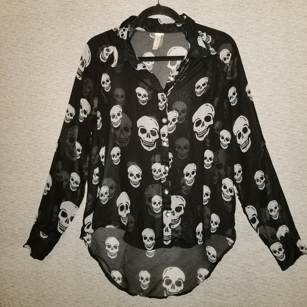 Haley Starr Women's‎ Medium Sheer Black Button Up Shirt Skull Top Goth Halloween